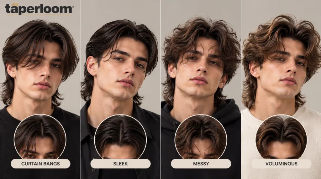 Curtain bangs, sleek and messy middle part mullet finishes