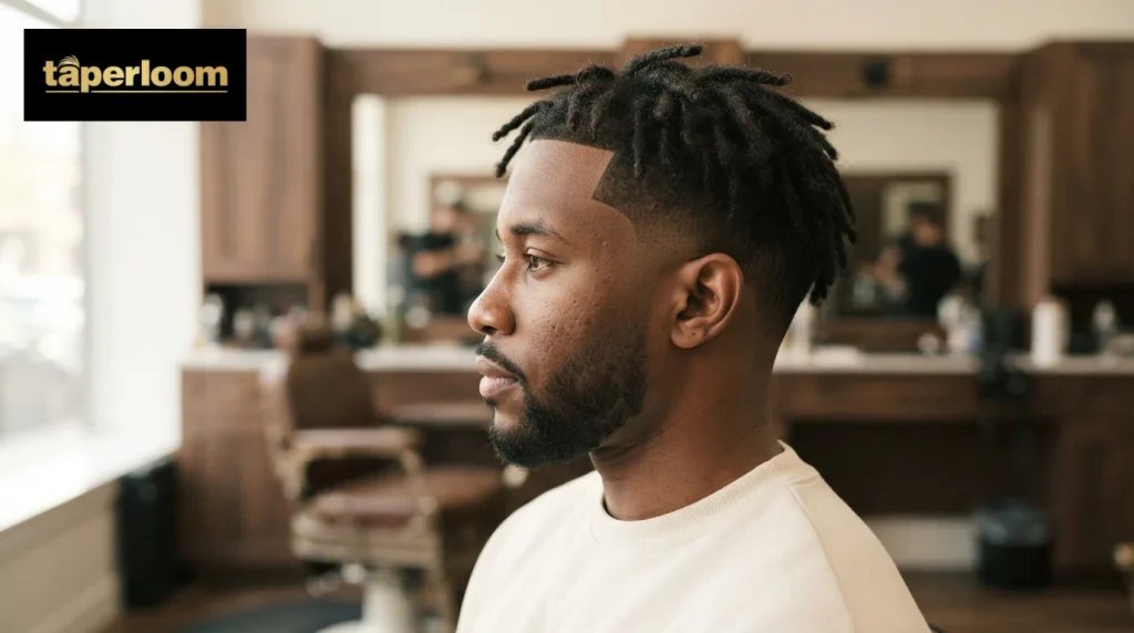 Side profile of short locs on top with a clean high taper fade on a Black man