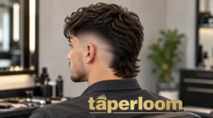 Modern mullet with burst fade seen from the back with a curved fade around the ear