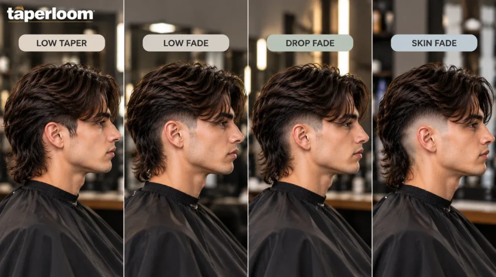 Taper and fade options for a middle part mullet