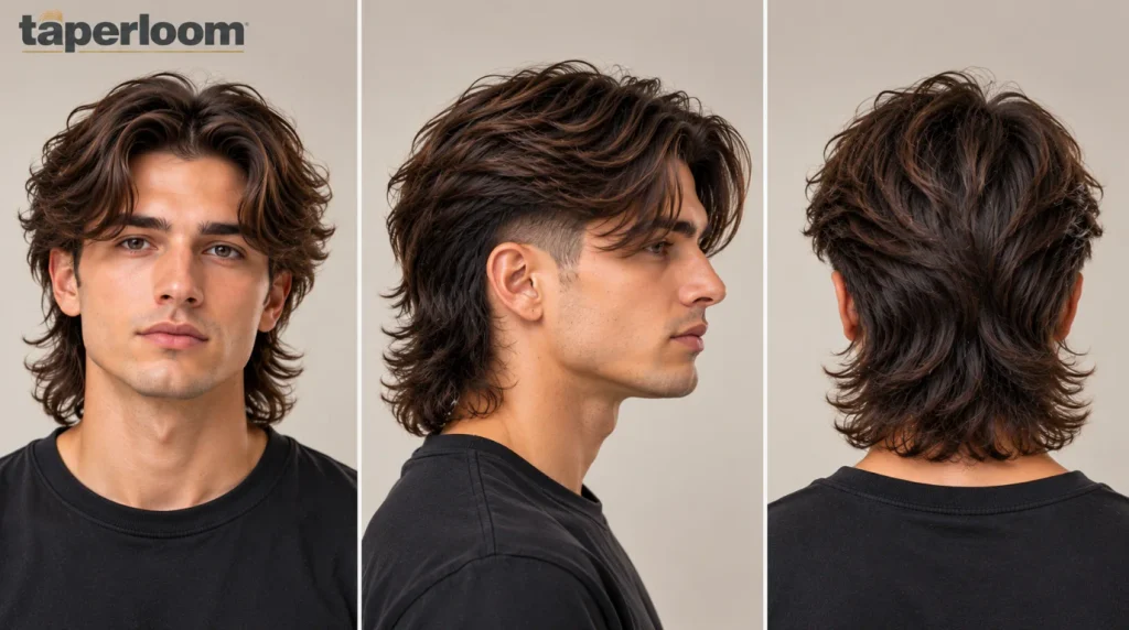 Front, side and back views of a middle part modern mullet