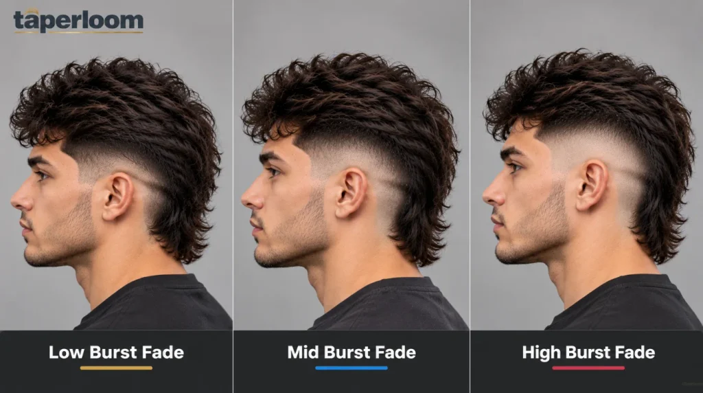 Low, mid and high burst fade mullets