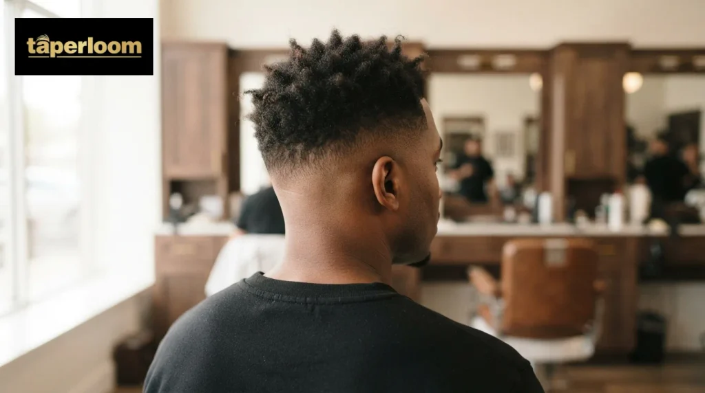 Back view of a skin taper on a Black man with a clean neckline and short textured top