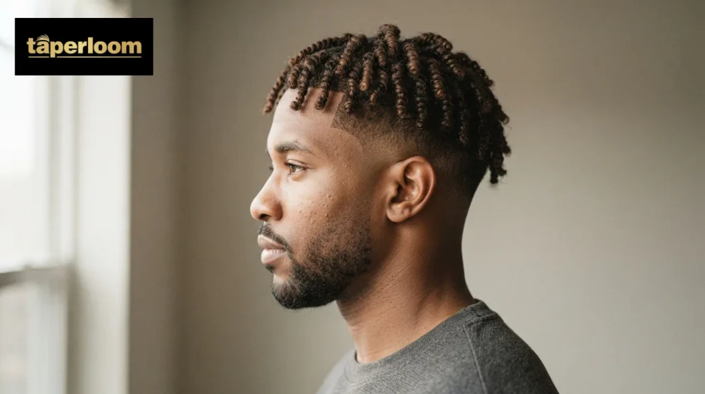 Close up of sponge twisted coils on top with a sharp high taper fade on a Black man