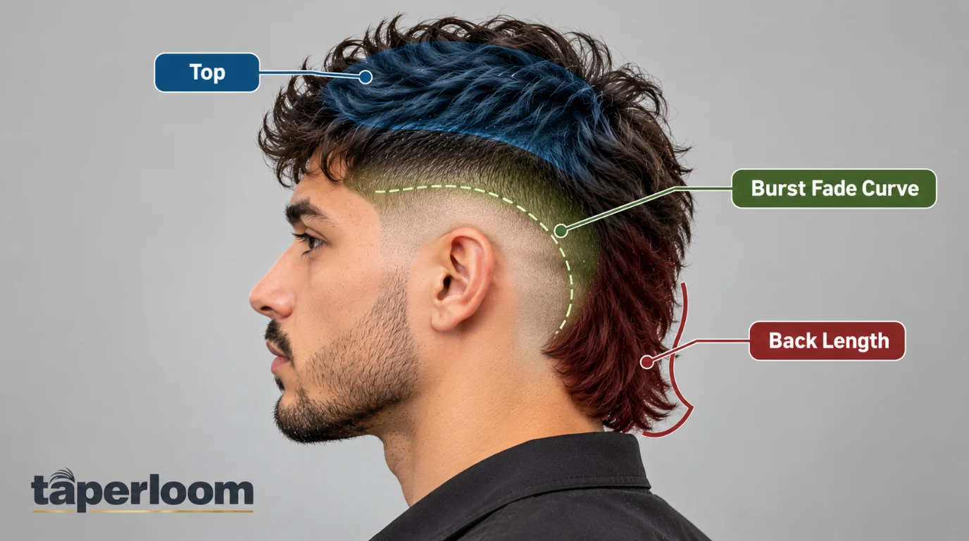 Diagram showing the parts of a burst fade mullet