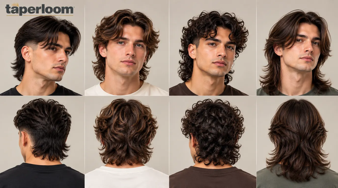 Four middle part modern mullet haircut styles for men shown from front and back