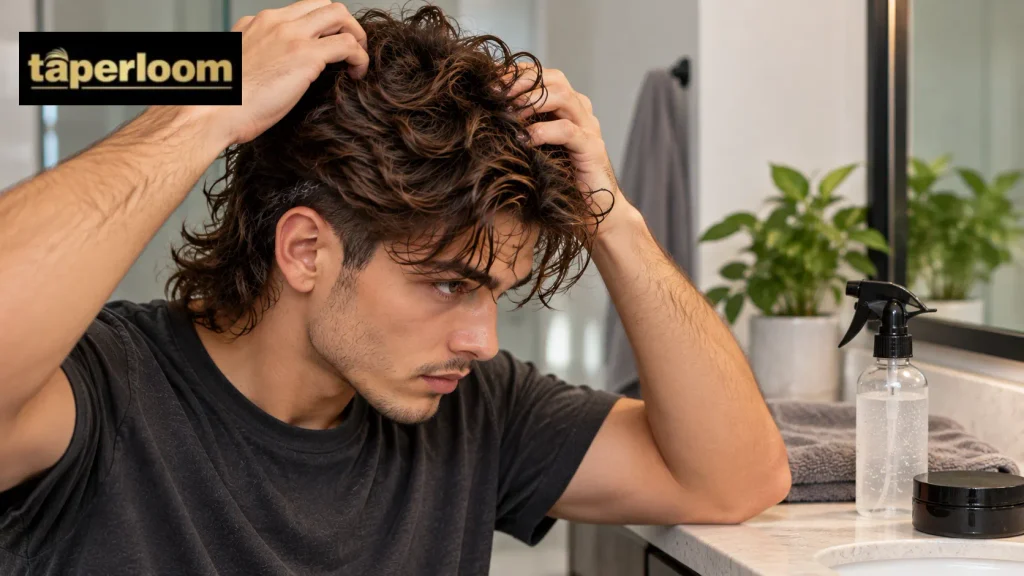 Scrunching wavy mullet hair with sea salt spray