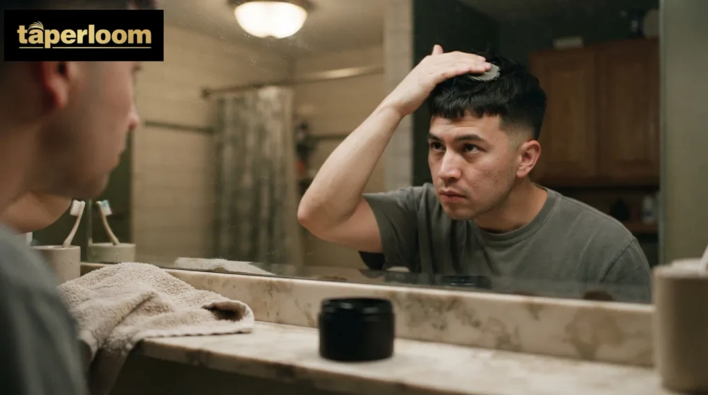 Man styling a mid drop fade with matte clay in a bathroom mirror