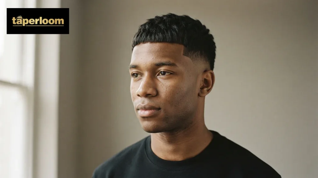 Back three quarter view of a twist out on top with a clean high taper fade