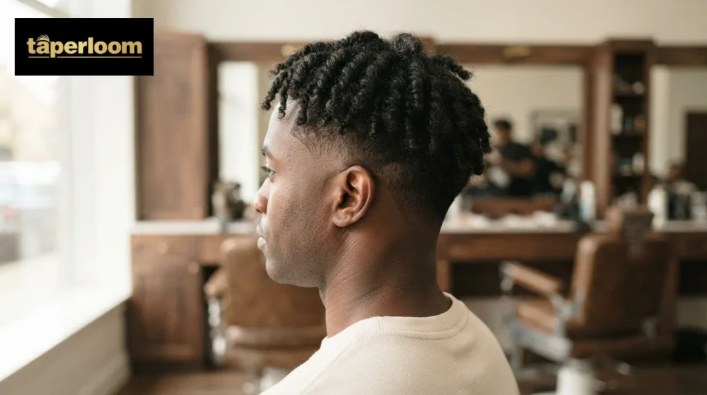 Back three quarter view of a twist out on top with a clean high taper fade