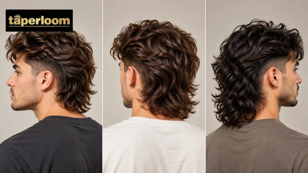 Modern Mullet with Wavy Hair : Three men wearing different modern wavy mullet lengths